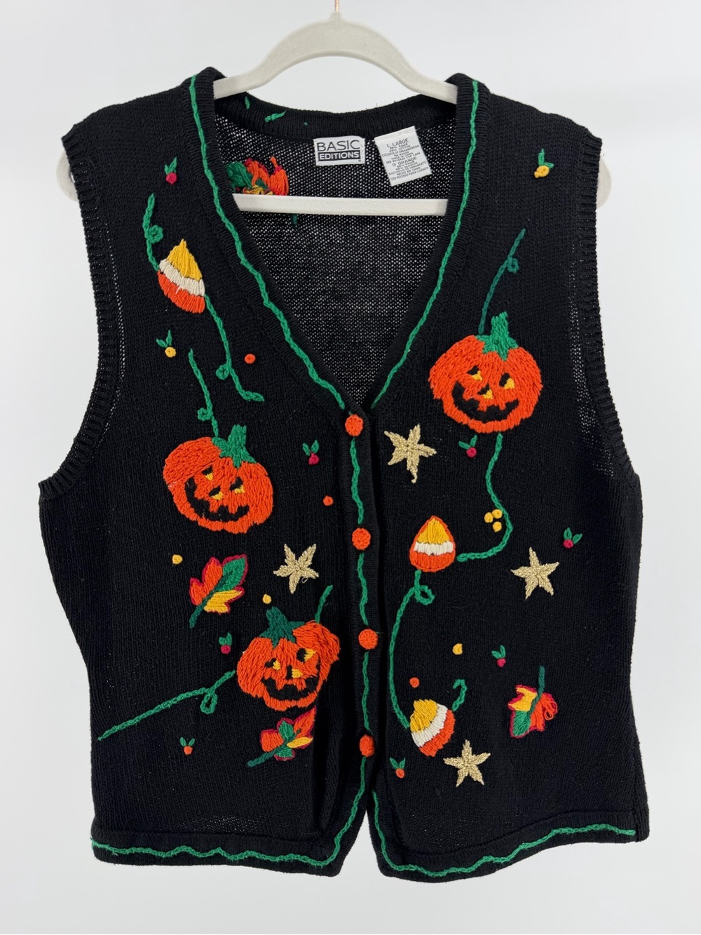 Vintage Pumpkin Fall Knit Sleeveless Button-Front Sweater Vest, Women's Large